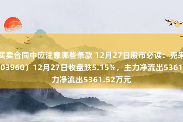 买卖合同中应注意哪些条款 12月27日股市必读：克来机电（603960）12月27日收盘跌5.15%，主力净流出5361.52万元